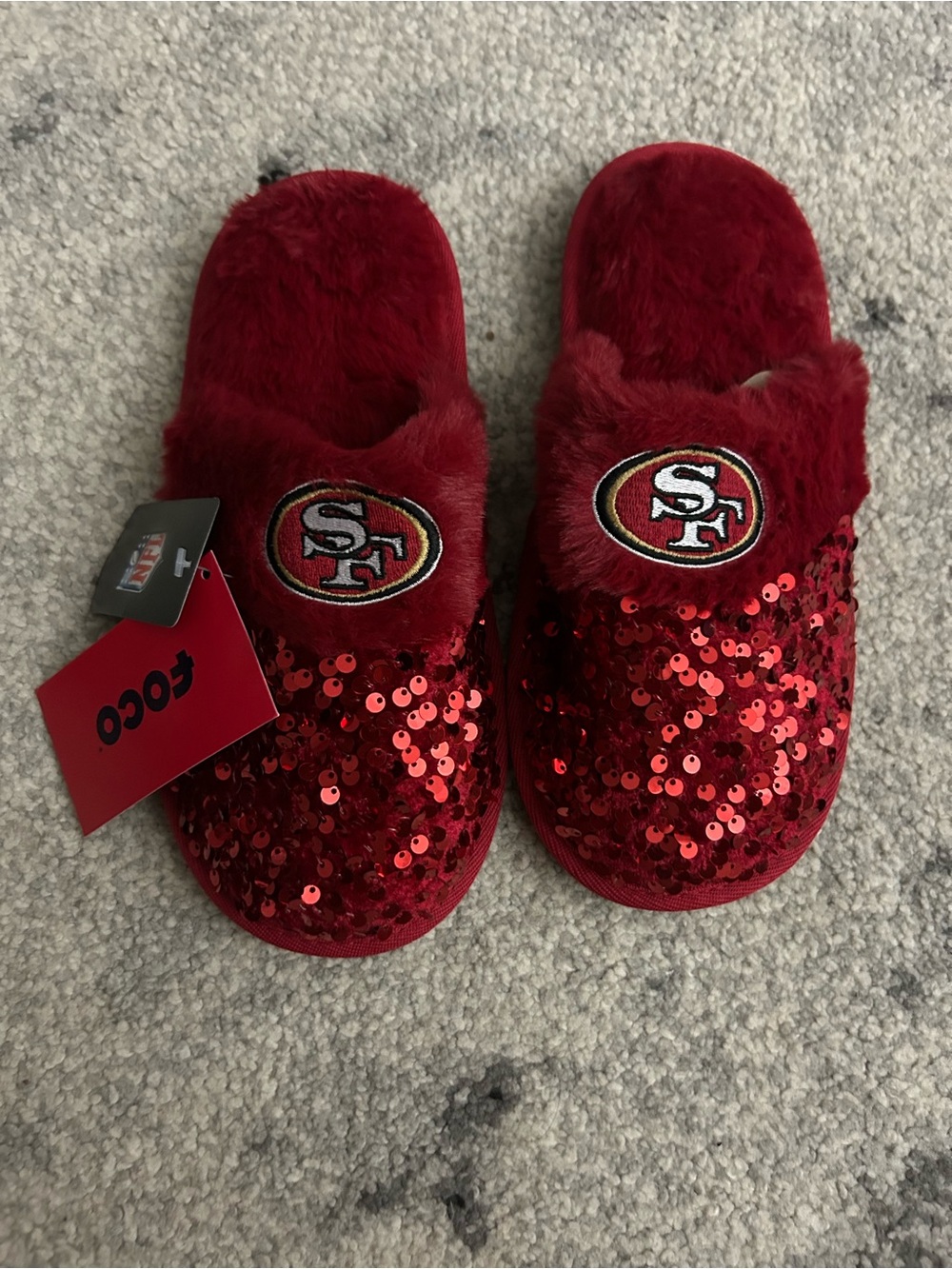 FOCO San Francisco 49ers Sequin Faux Fur Slippers Women’s Size S 5/6